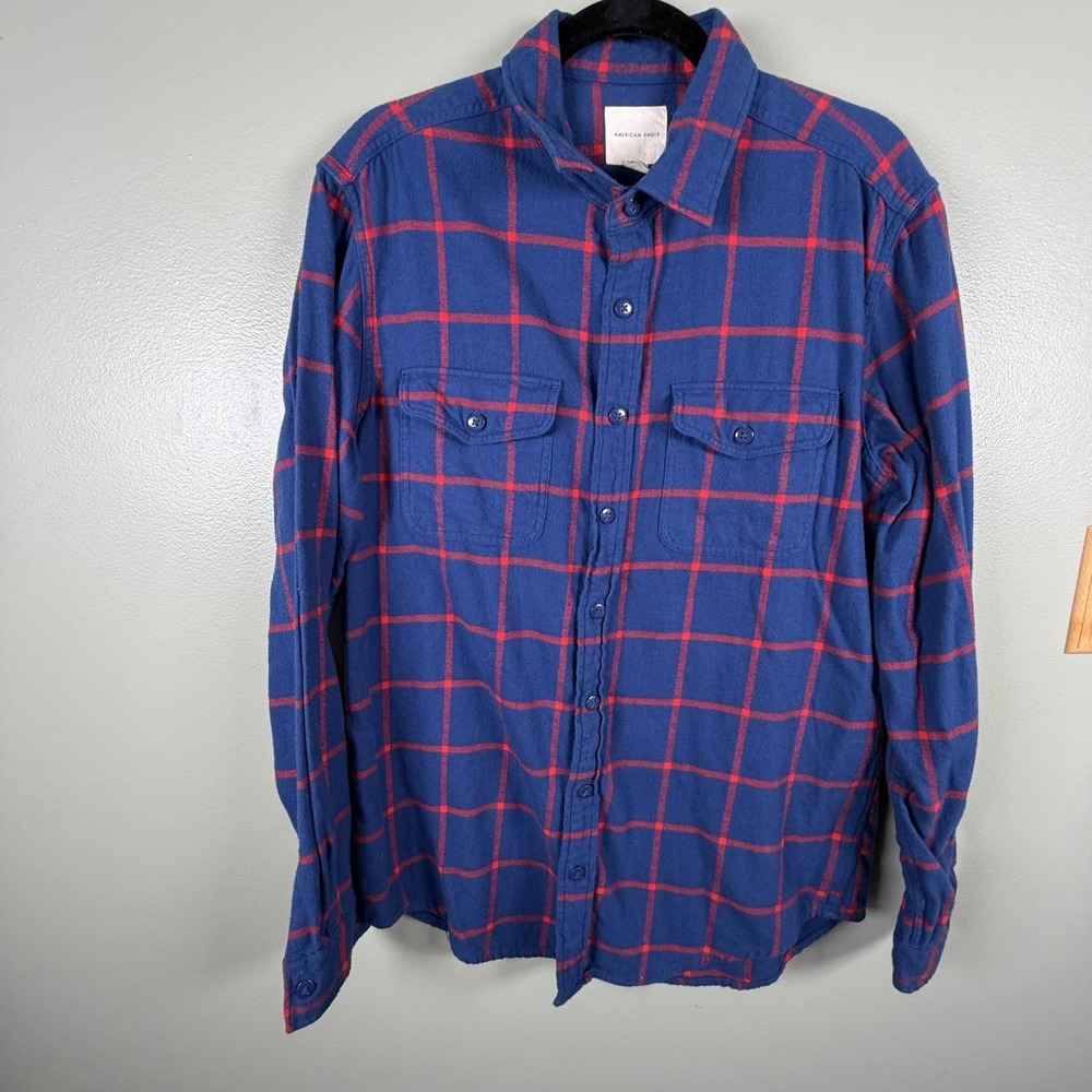 American Eagle Mens LT Blue Red Plaid Flannel Shirt Cotton Long Sleeve Tall